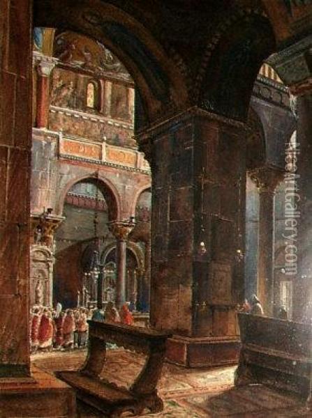 Views Of Romanesque Church Interiors Oil Painting - Adolphe Barrigue De Fontaineau
