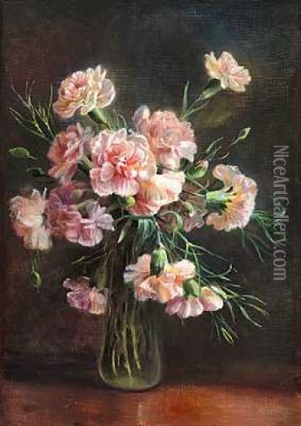 Lyserode Nelliker I En Vase Oil Painting - Flora Heilmann