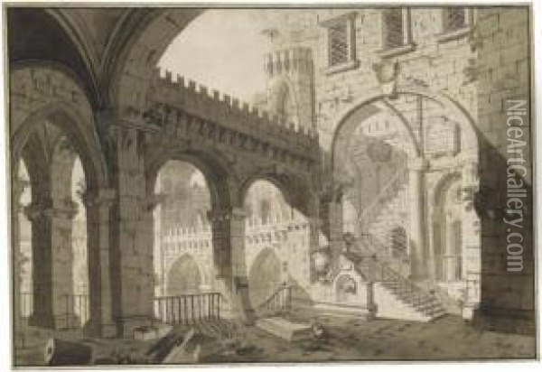Architectural Capriccio With A Rusticated Arcade Overlooking A Courtyard Oil Painting - Giovanni Maria Quaglio