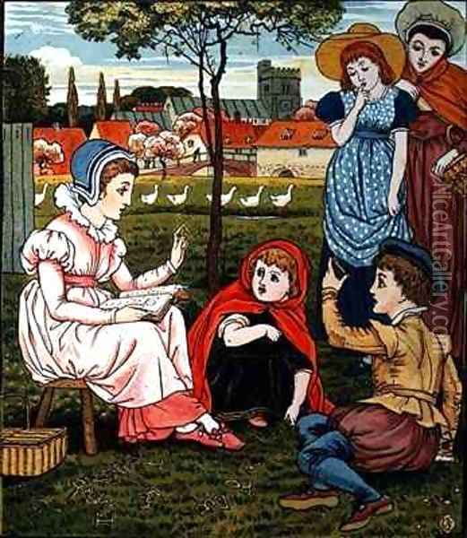 Mrs Margery teaches the children to read from Little Goody Two Shoes Oil Painting - Walter Crane