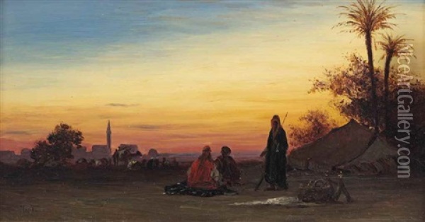 The Nomads' Encampment At Sunset Oil Painting - Charles Theodore (Frere Bey) Frere
