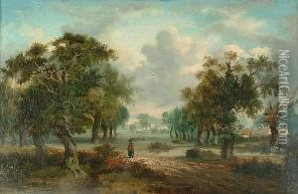 A Figure In A Landscape With A Village Beyond Oil Painting - Jane Nasmyth
