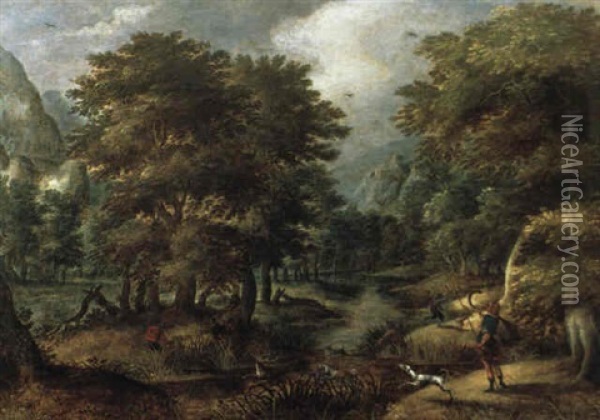 Waldlandschaft Mit Hirschjagd Oil Painting - Gillis Van Coninxloo III