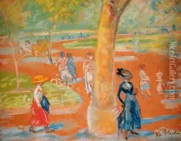Park Woman in Blue under a Tree Oil Painting - William Glackens