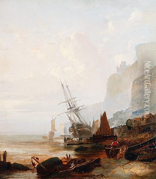 'morning' - Fishing Vessels Along A Rockycoastline Oil Painting - S. Campbell