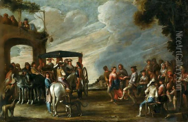 A Landscape With Ladies Descending From A Carriage Before A Tavern, Together With Figures Merrymaking And Dancing Oil Painting - Cornelis de Wael