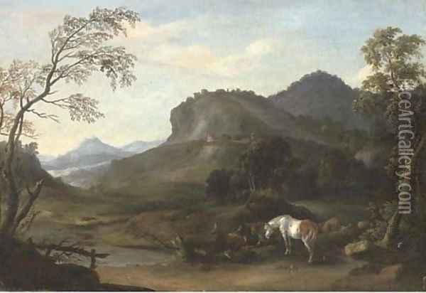 A mountainous river landscape with horses and cattle grazing by a tree Oil Painting - Wenzel Ignaz Prasch