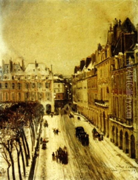 La Place Des Vosges Sous La Neige, Paris Oil Painting - Edme-Emile Laborne