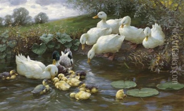 Entenfamilie Am Wasser Oil Painting - Alexander Max Koester