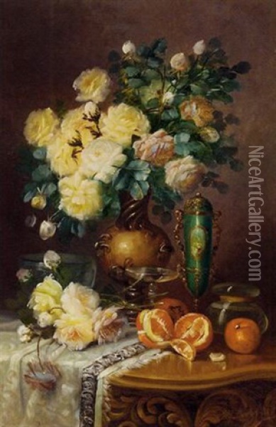 White Roses, Oranges And A Porcelain Urn On A Draped Table Oil Painting - Max Carlier