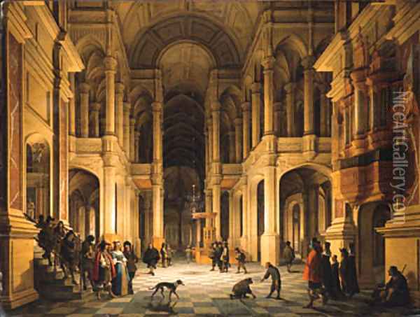 The Interior of a Renaissance-style Church at Night with an Elegant Couple making an Entrance Oil Painting - Anthonie De Lorme