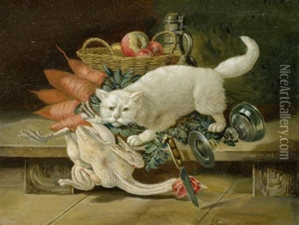 Stilleben Mit Katze Oil Painting - David Emile Joseph de Noter