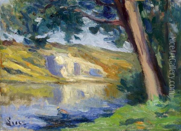 Pecheur En Barque En Bord De Riviere Oil Painting - Maximilien Luce