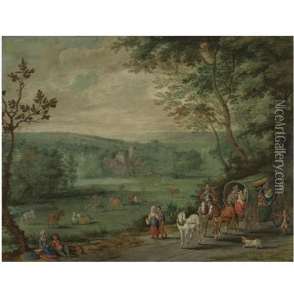 Wooded Landscape With Travellers In A Horse And Cart On A Path, A Chateau Beyond Oil Painting - Jan Brueghel the Elder