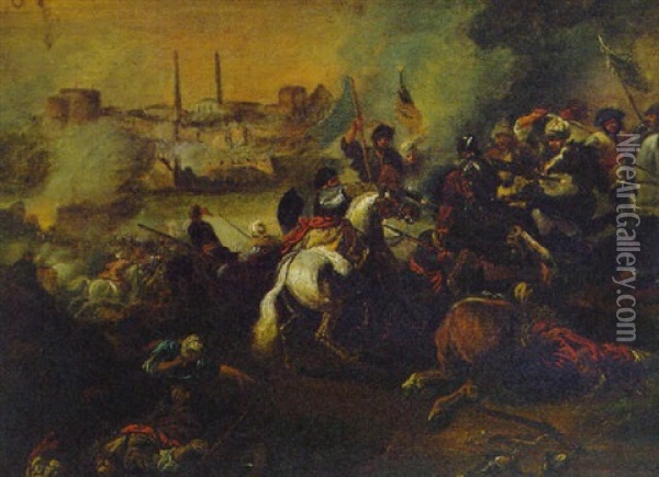 A Cavalry Skirmish Between Turks And Christians Before Constantinople Oil Painting - Jacques Courtois