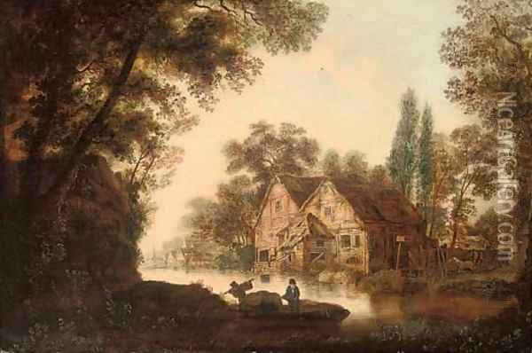 A wooded river landscape with figures on a boat, cottages beyond Oil Painting - Dutch School