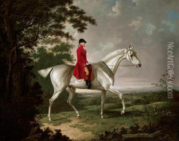 A Gentleman On A Grey Horse Riding In An Extensive Landscape Oil Painting - Charles Towne
