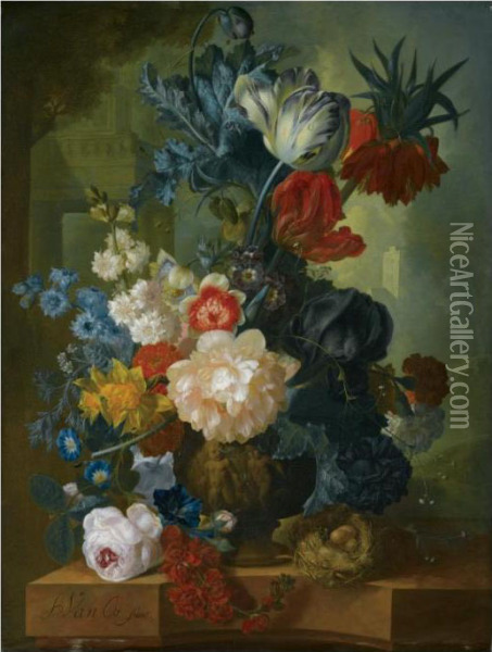 Still Life With A Bouquet Of 
Flowers In A Sculpted Vase, Including A Parrot Tulip, Morning Glory, A 
Black Iris, Peonies, Daffodils And A Crown Imperial, Together With A 
Bird's Nest On A Pink Marble Ledge Oil Painting - Jan van Os