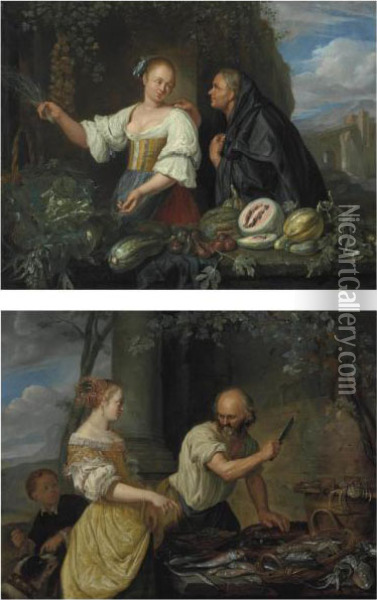 Two Women With Vegetables Oil Painting - Jacob Van Toorenvliet