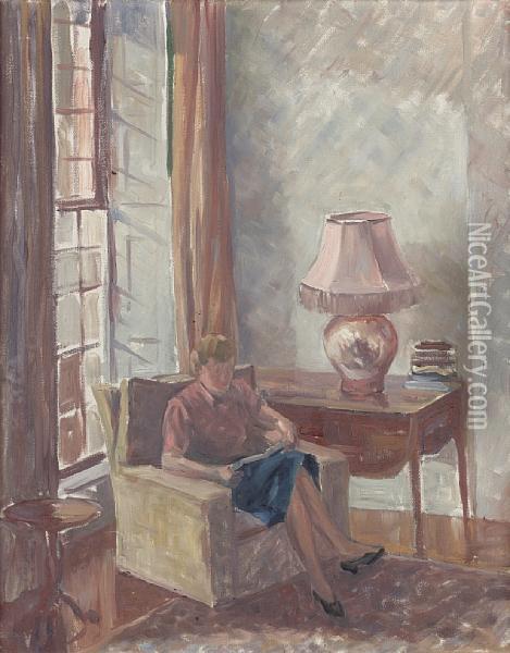 Interior With Lady Reading In Anarmchair Oil Painting - Glyn Warren Philpot