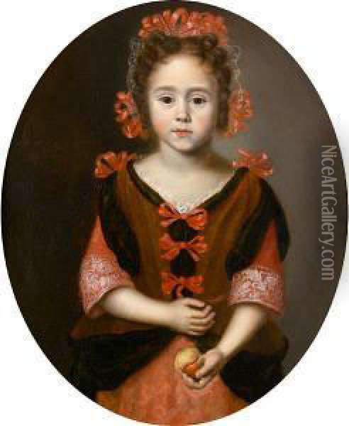 Portrait Of A Young Girl, 
Half-length, In A Pink Dress With Red Ribbons, Holding A Peach, In A 
Painted Oval Oil Painting - Jan or Joan van Noordt