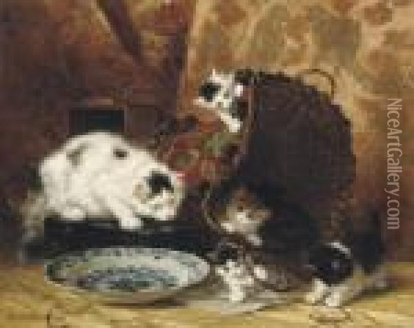 Autour D'un Panier: The Mischievous Kittens Oil Painting - Henriette Ronner-Knip