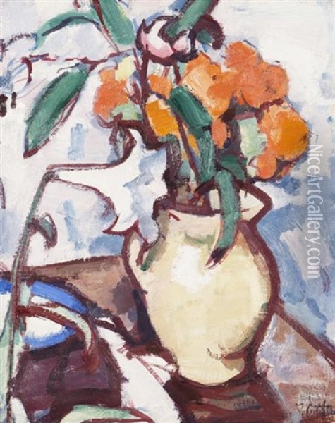 A Still Life Of Marigolds (+ Untitled (table-top With Plaster Cast And Book) (study), Verso) Oil Painting - Samuel John Peploe