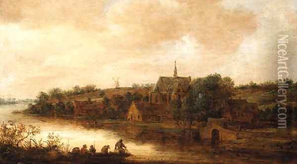 A River Landscape with Anglers in a Punt, a Church beyond Oil Painting - Anthony Jansz. Van Der Croos