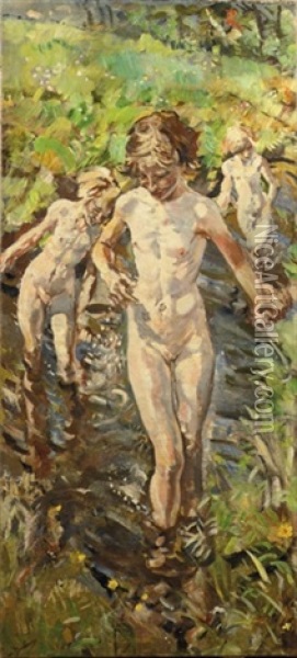 Children Bathing In The River Aa Oil Painting - Erasmus Bernhard Van Dulmen Krumpelman