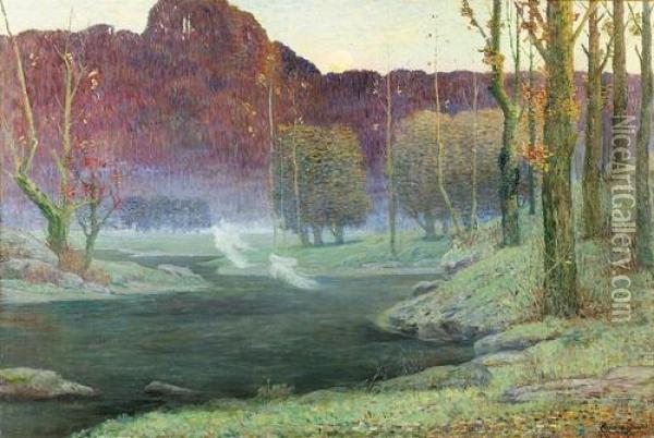 Abendliche Parklandschaft Mit Teich. Oil Painting - Pierre Lagarde