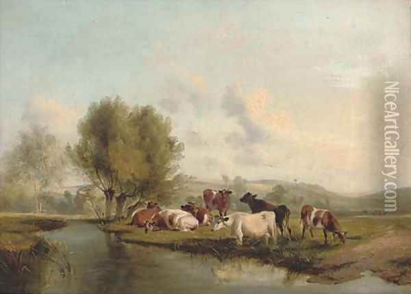 Cattle grazing on the bank of a river Oil Painting - Thomas Sidney Cooper