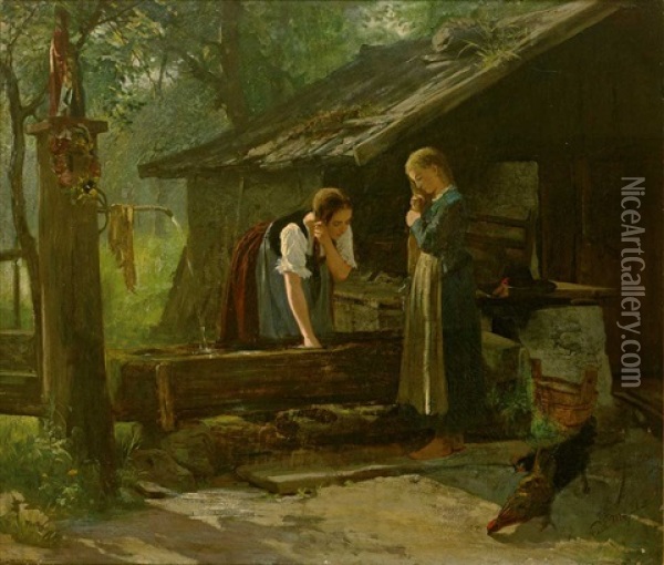 Zwei Madchen In Tracht Bei Der Haarwasche Am Brunnen Vor Kleinem Gehoft Oil Painting - Paul Friedrich Meyerheim