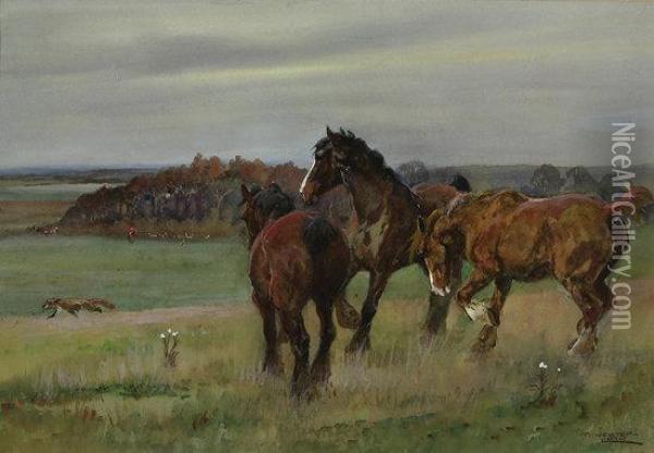 Ponies With A Hunt In The Distance Oil Painting - Thomas Ivester Lloyd