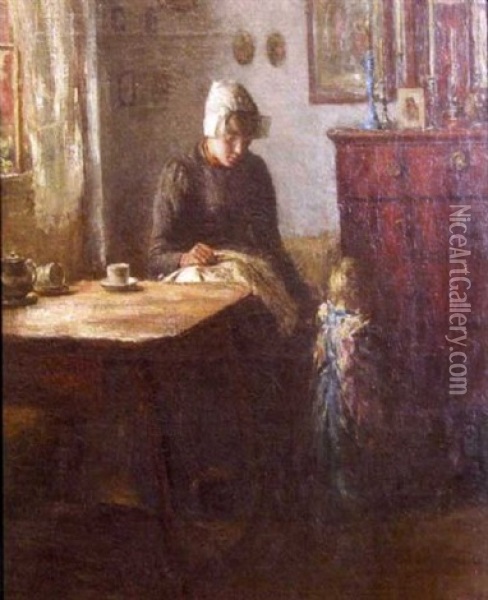 Dutch Interior Scene With Woman And Child Oil Painting - Martin Borgord