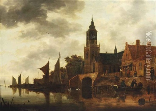A River Landscape With Figures Outside An Inn On The River Bank Oil Painting - Hendrick De Meijer