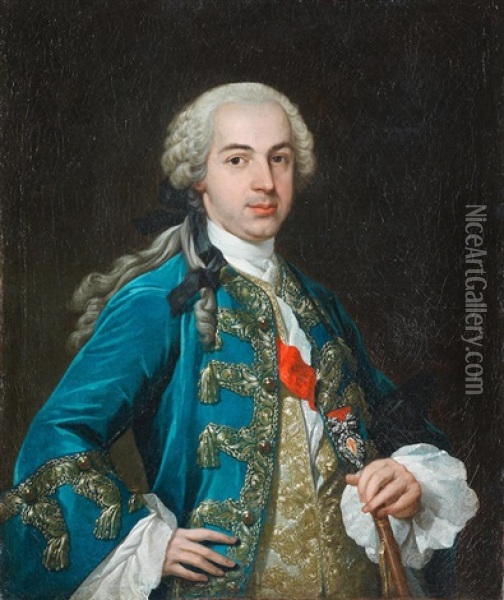 Portrait Of A Knight Of The Order Of Santiago, Half-length, In A Blue Coat Oil Painting - Antonio Gonzalez Ruiz