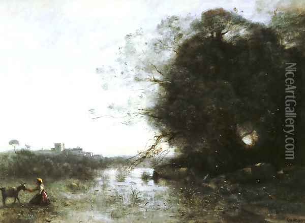 Le Marais Au Grand Arbre Et A La Chevriere Oil Painting - Jean-Baptiste-Camille Corot