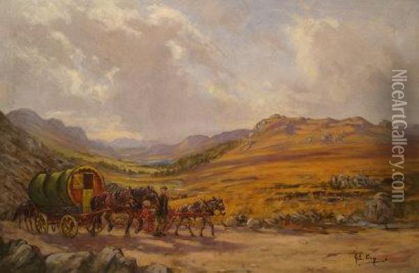 Gypsies With Horses And Caravans Walking A Highlands Road Oil Painting - John King