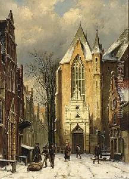 Wintry View Of The Westerstraat With The Westerkerk Enkhuizen Oil Painting - Willem Koekkoek