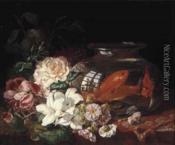 Still Life With Goldfish And Flowers Oil Painting - Jean-Baptiste Robie