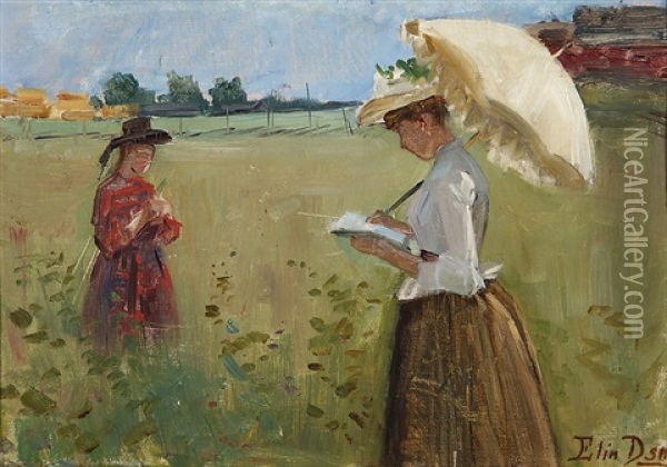 Girls In A Meadow Oil Painting - Elin Danielson-Gambogi