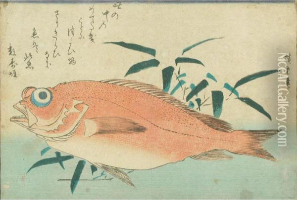 Seabream And Bamboo Grass Oil Painting - Utagawa or Ando Hiroshige