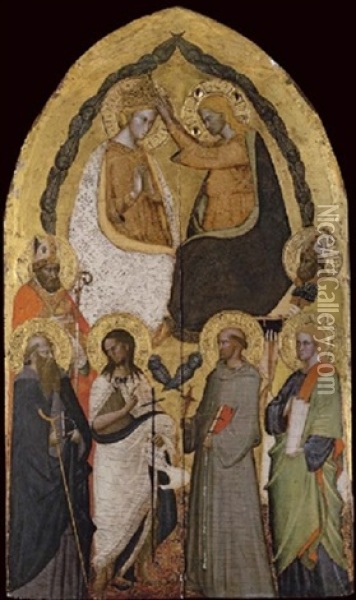 The Coronation Of The Virgin, With Saints Nicholas Of Bari, Anthony Abbot, John The Baptist, Francis Of Assisi, Phillip And Zanobi Oil Painting -  Maestro del Cristo Docente