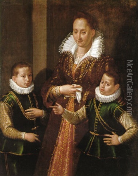 A Family Portrait Of A Woman With Her Two Sons, Three Quarter Length, She Wearing A Gold-embroidered Brown Dress Oil Painting - Scipione Pulzone