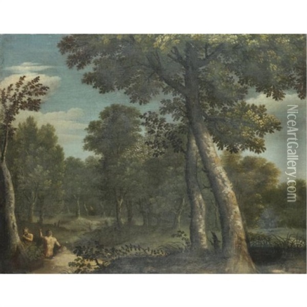 A River Landscape With Satyrs Playing Their Pipes In The Foreground Oil Painting - Gaspard Dughet