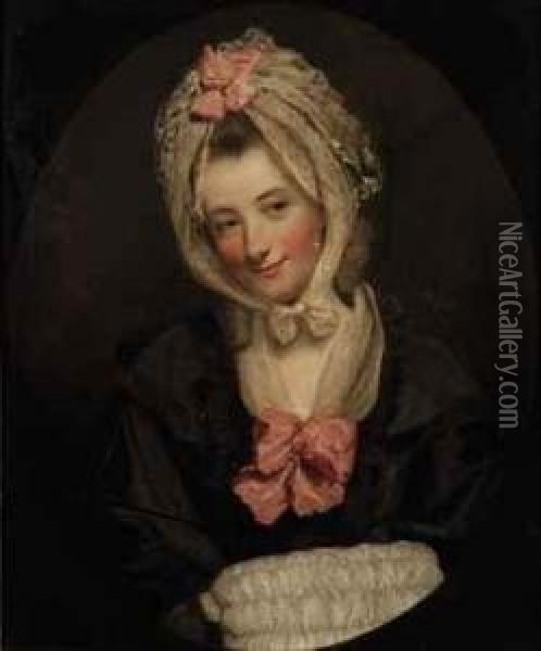 Portrait Of A Lady, Bust-length, In A Black Dress, With Lace Muffand Headdress, Decorated With Pink Bows, Feigned Oval Oil Painting - Matthew William Peters