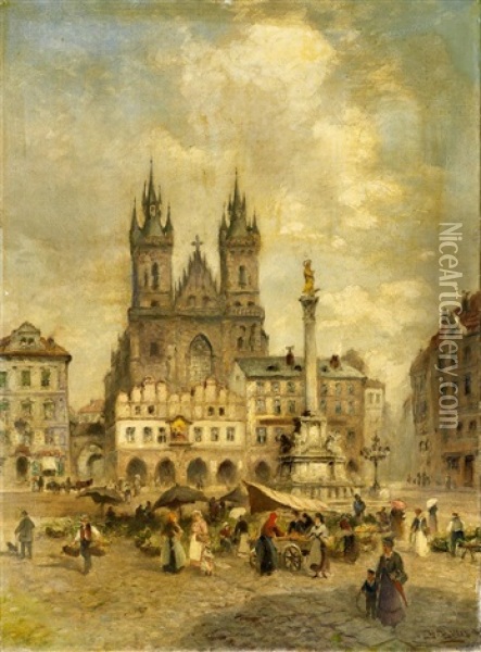 Prag. Markttag Auf Dem Altstadter Ring Mit Blick Zur Teynkirche Oil Painting - Heinrich Hiller