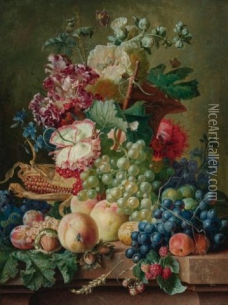 Still Life Of Flowers And Fruits On A Marble Ledge Oil Painting - Paul Theodor van Bruessel
