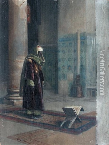 Homme Arabe Debout Devant Un Coran Ouvert Sur Un Portant Oil Painting - Ludwig Deutsch