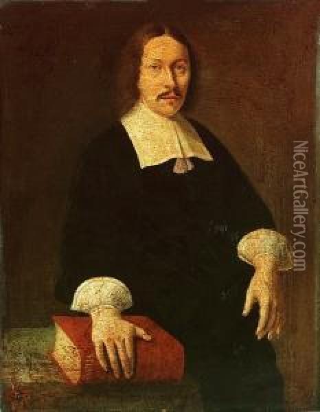 Portrait Of Rudolfus Capellus, Small Three-quarter-length, In Black Costume With A Lawn Collar, At A Drapped Table With His Right Hand Resting On A Bible Oil Painting - Abraham Snaphaen